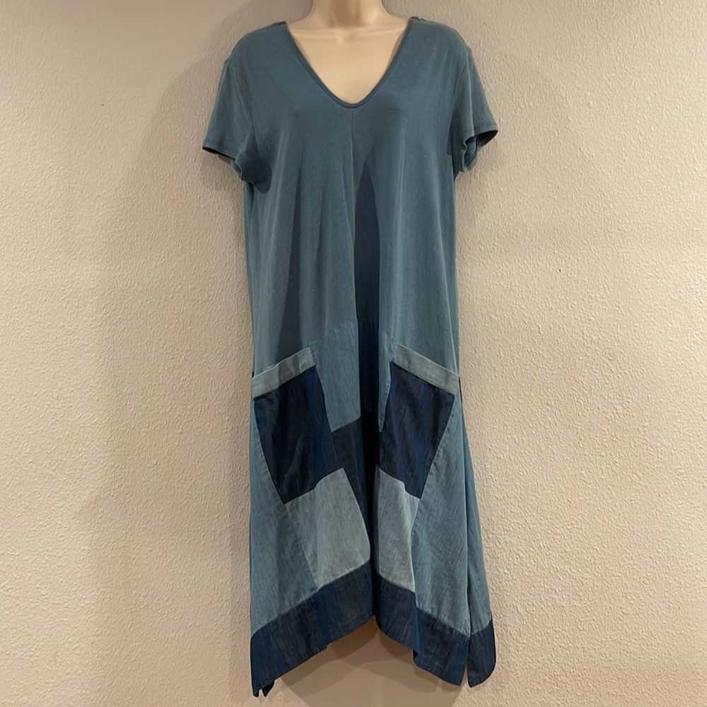 Holding Horses patchwork denim dress with hi low hem and pockets, Sz S/MP